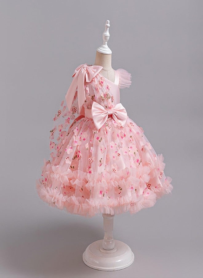 OBEEII Birthday Dress for Baby Girls 3D Flower Baptism Tutu Dress Asymmetric Shoulder Bowknot Princess Party Photoshoot Outfit Formal Prom Pageant Tulle Gown Light Pink-3D Flower 9-12 Months - Image 2
